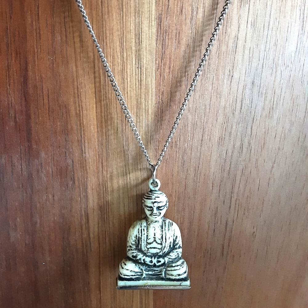 Buddha Necklace Faux Yak Bone Resin Silver Tone Chain 18" Unisex Men Women Boho